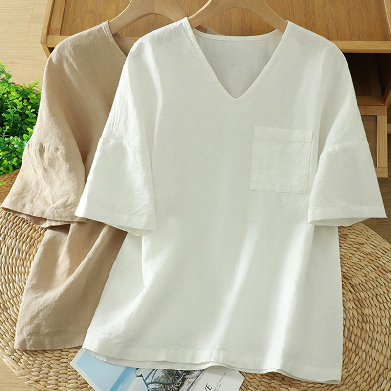 T-shirt décontracté en coton et lin à col en V et poche pour femme Motif Buddha Stones - image 15