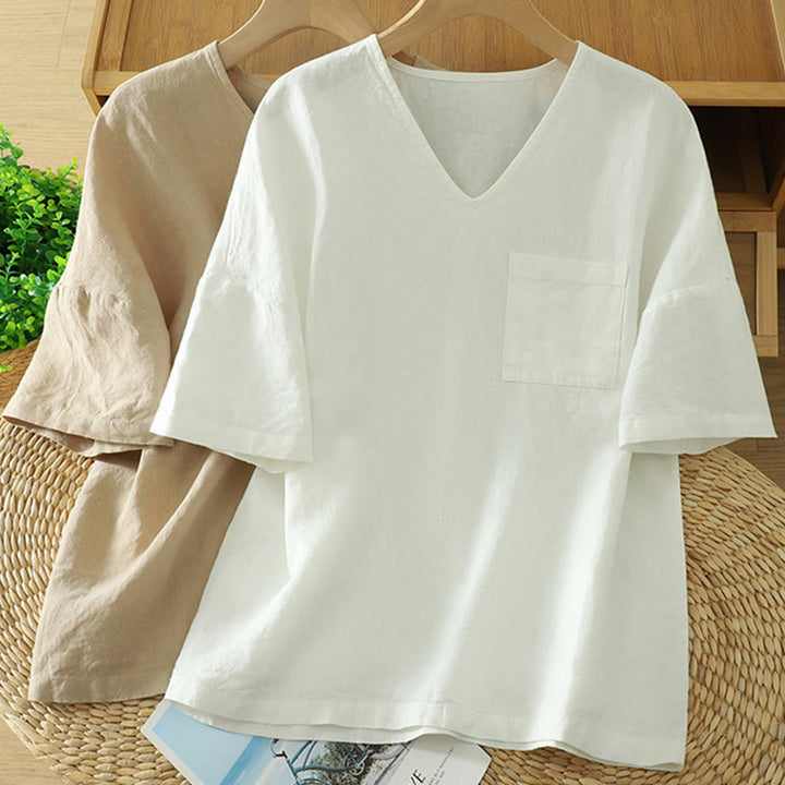 T-shirt décontracté en coton et lin à col en V et poche pour femme Motif Buddha Stones - image 15