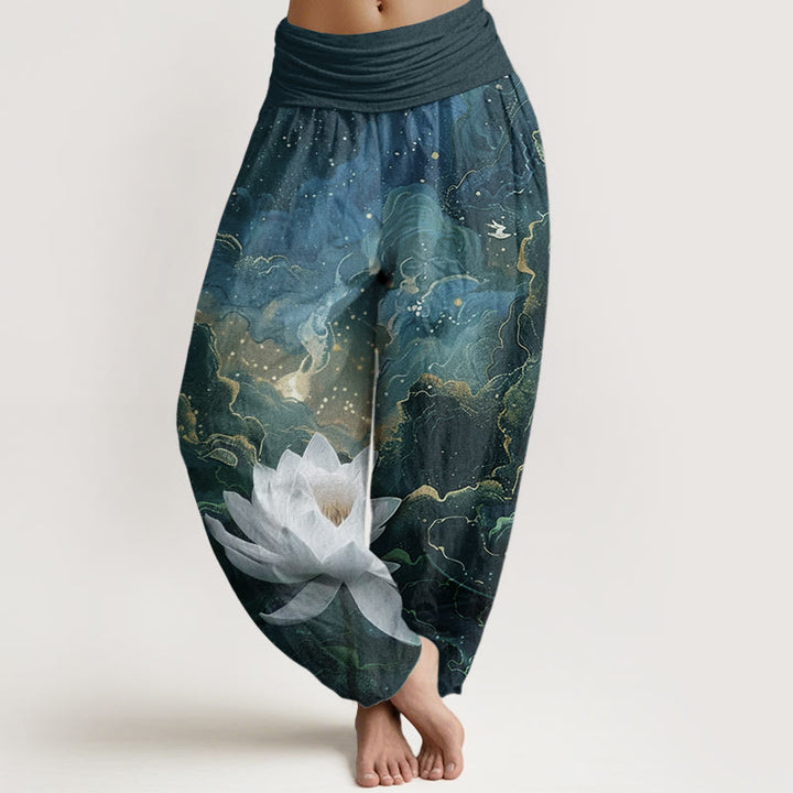 Pantalon sarouel décontracté en pur coton avec Buddha Stones et motif de nuages et de ciel étoilé pour femme, taille élastique