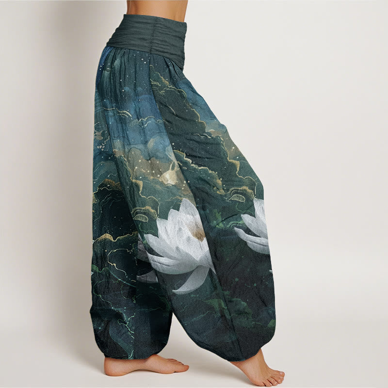 Pantalon sarouel décontracté en pur coton avec Buddha Stones et motif de nuages et de ciel étoilé pour femme, taille élastique
