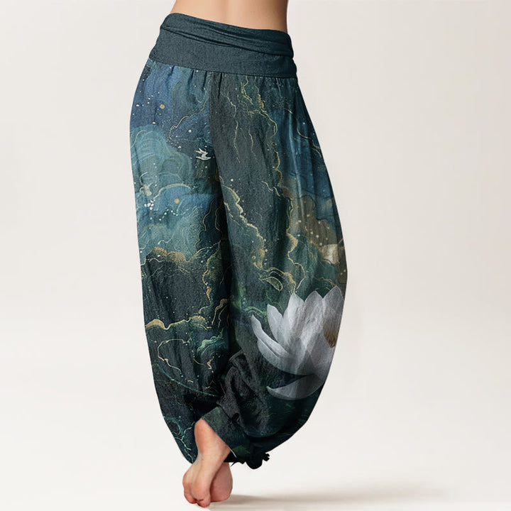 Pantalon sarouel décontracté en pur coton avec Buddha Stones et motif de nuages et de ciel étoilé pour femme, taille élastique