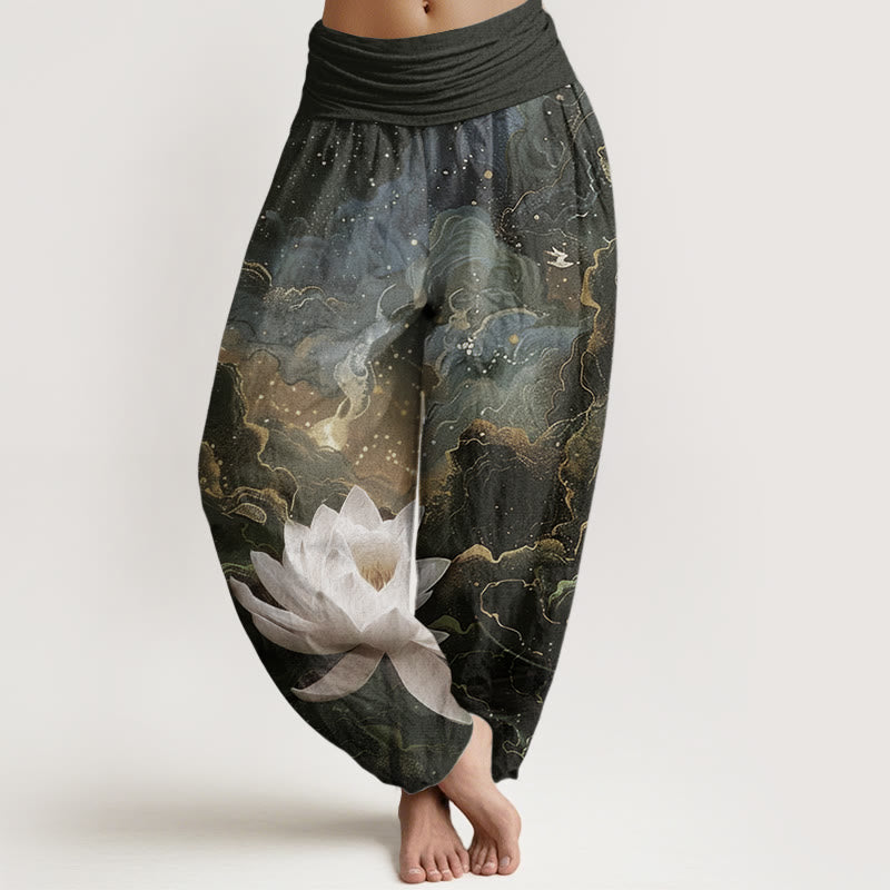 Pantalon sarouel décontracté en pur coton avec Buddha Stones et motif de nuages et de ciel étoilé pour femme, taille élastique