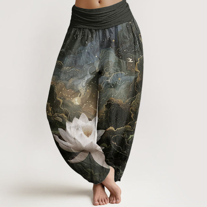 Pantalon sarouel décontracté en pur coton avec Buddha Stones et motif de nuages et de ciel étoilé pour femme, taille élastique