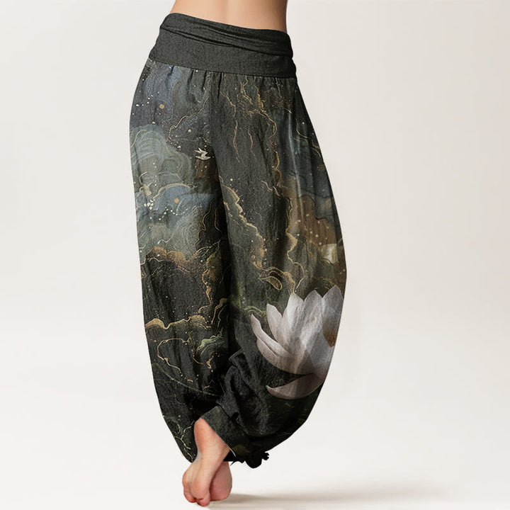 Pantalon sarouel décontracté en pur coton avec Buddha Stones et motif de nuages et de ciel étoilé pour femme, taille élastique