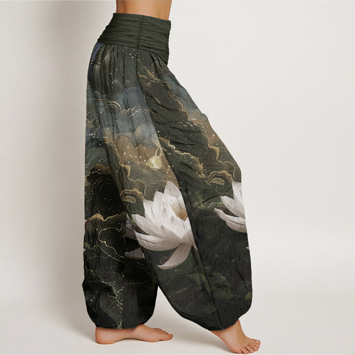 Pantalon sarouel décontracté en pur coton avec Buddha Stones et motif de nuages et de ciel étoilé pour femme, taille élastique