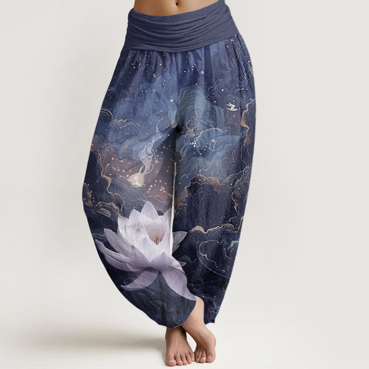 Pantalon sarouel décontracté en pur coton avec Buddha Stones et motif de nuages et de ciel étoilé pour femme, taille élastique