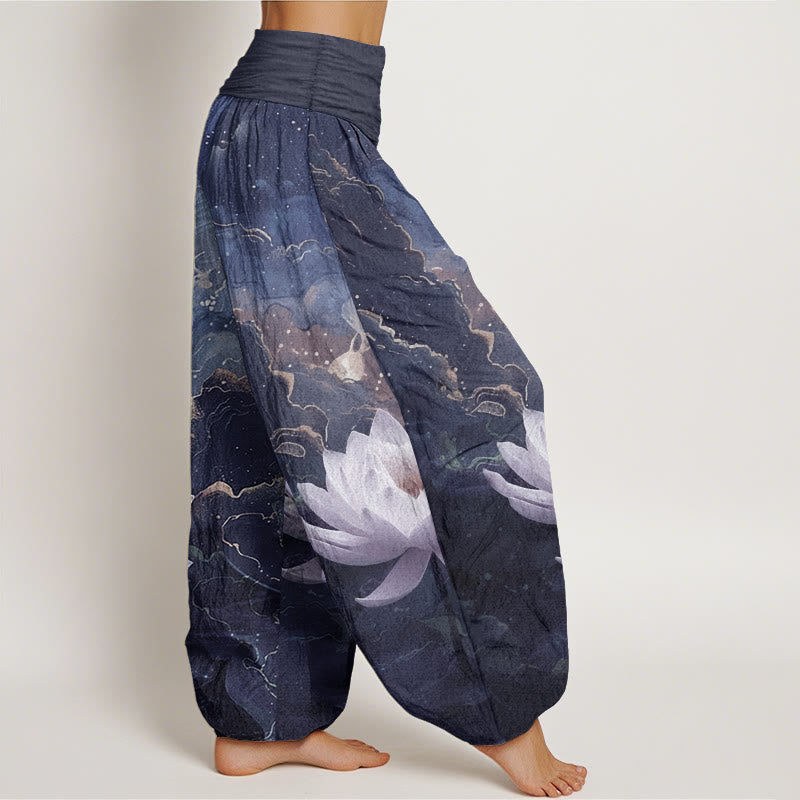 Pantalon sarouel décontracté en pur coton avec Buddha Stones et motif de nuages et de ciel étoilé pour femme, taille élastique