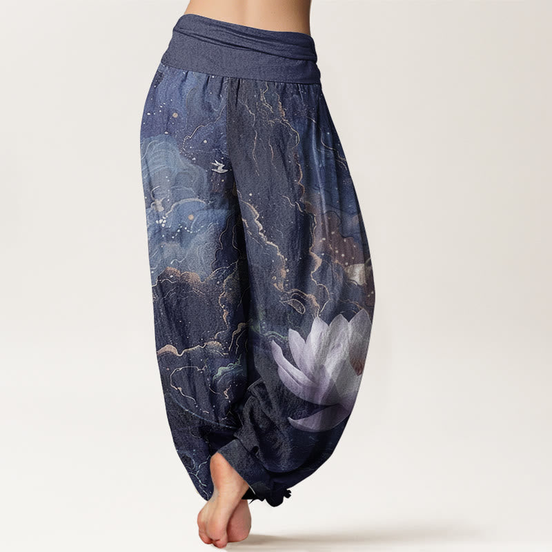 Pantalon sarouel décontracté en pur coton avec Buddha Stones et motif de nuages et de ciel étoilé pour femme, taille élastique