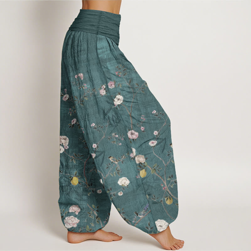 Pantalon sarouel taille élastique pour femme, motif Buddha Stones, pur coton, rose, blanc, fleurs, feuilles de bambou, fruits