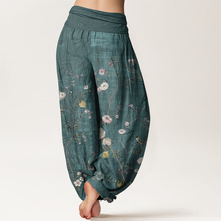 Pantalon sarouel taille élastique pour femme, motif Buddha Stones, pur coton, rose, blanc, fleurs, feuilles de bambou, fruits