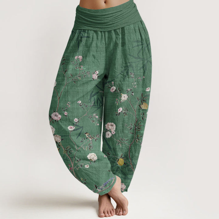 Pantalon sarouel taille élastique pour femme, motif Buddha Stones, pur coton, rose, blanc, fleurs, feuilles de bambou, fruits