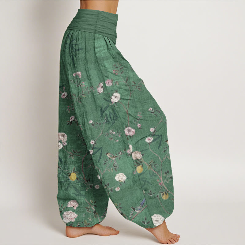 Pantalon sarouel taille élastique pour femme, motif Buddha Stones, pur coton, rose, blanc, fleurs, feuilles de bambou, fruits