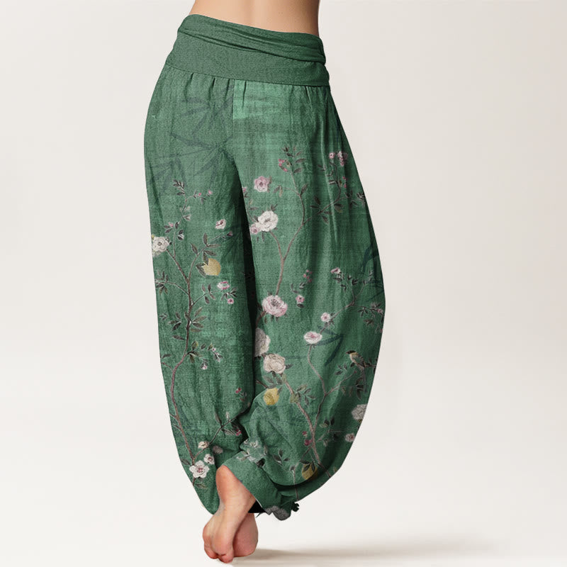 Pantalon sarouel taille élastique pour femme, motif Buddha Stones, pur coton, rose, blanc, fleurs, feuilles de bambou, fruits