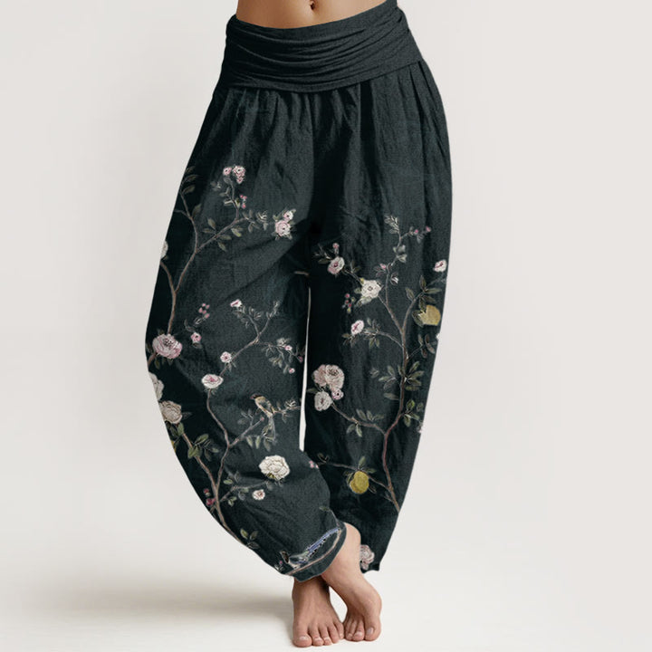Pantalon sarouel taille élastique pour femme, motif Buddha Stones, pur coton, rose, blanc, fleurs, feuilles de bambou, fruits