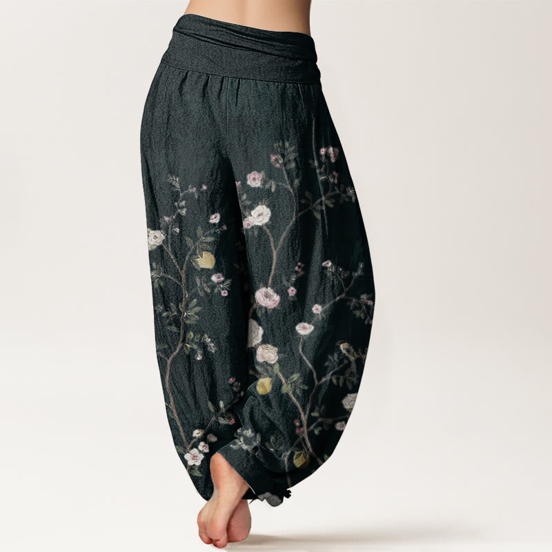 Pantalon sarouel taille élastique pour femme, motif Buddha Stones, pur coton, rose, blanc, fleurs, feuilles de bambou, fruits