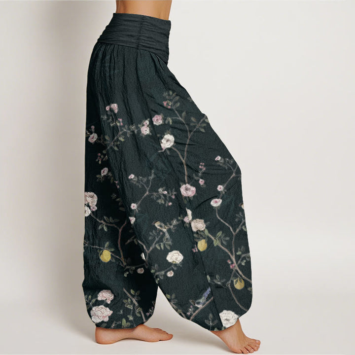Pantalon sarouel taille élastique pour femme, motif Buddha Stones, pur coton, rose, blanc, fleurs, feuilles de bambou, fruits