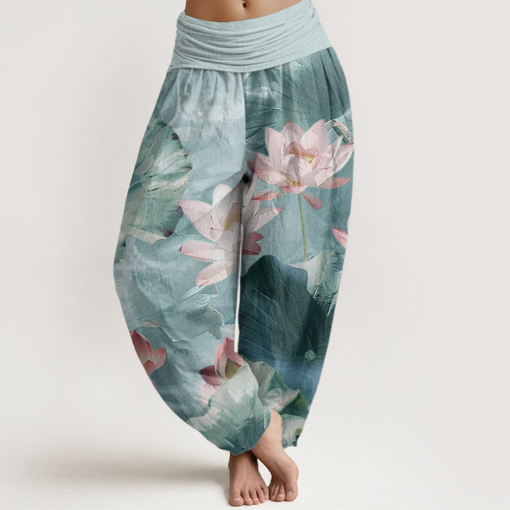Pantalon Buddha Stones décontracté en pur coton avec motif de pétales de lotus et d'étang pour femme, taille élastique