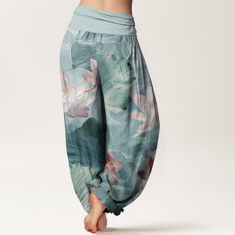 Pantalon Buddha Stones décontracté en pur coton avec motif de pétales de lotus et d'étang pour femme, taille élastique