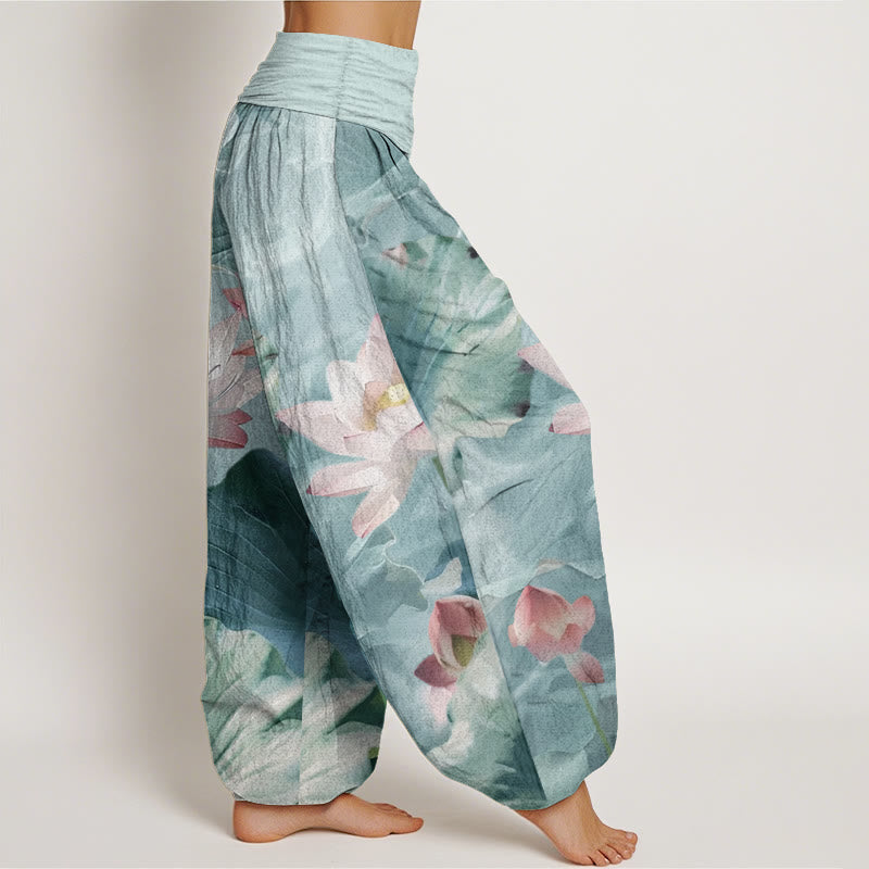 Pantalon Buddha Stones décontracté en pur coton avec motif de pétales de lotus et d'étang pour femme, taille élastique