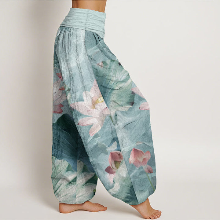 Pantalon Buddha Stones décontracté en pur coton avec motif de pétales de lotus et d'étang pour femme, taille élastique