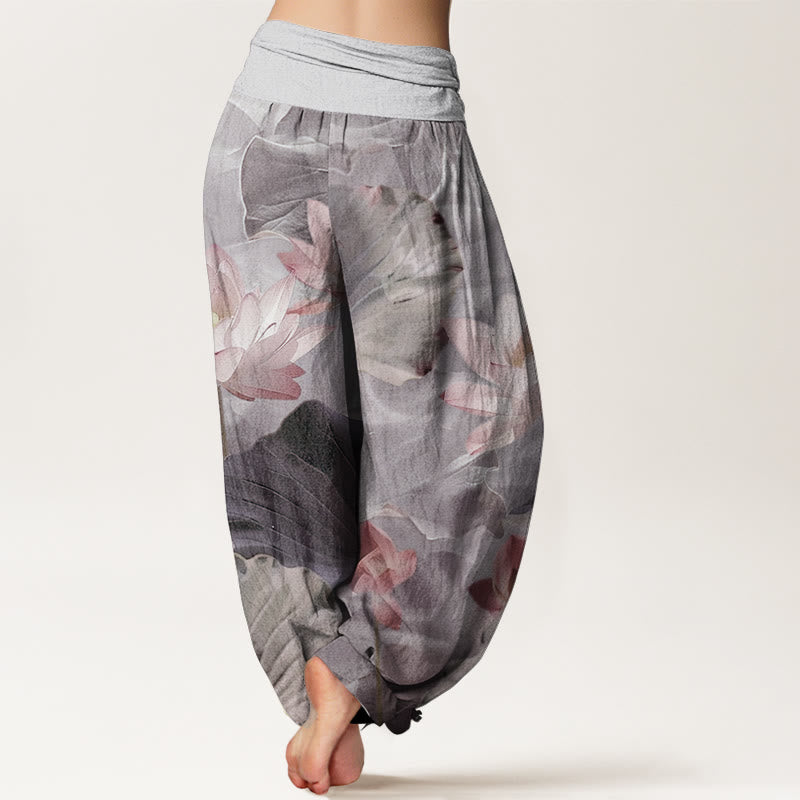 Pantalon Buddha Stones décontracté en pur coton avec motif de pétales de lotus et d'étang pour femme, taille élastique