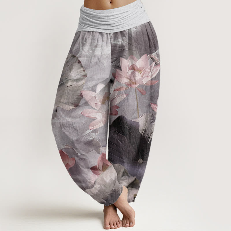 Pantalon Buddha Stones décontracté en pur coton avec motif de pétales de lotus et d'étang pour femme, taille élastique