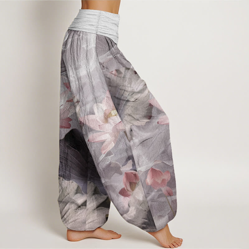 Pantalon Buddha Stones décontracté en pur coton avec motif de pétales de lotus et d'étang pour femme, taille élastique