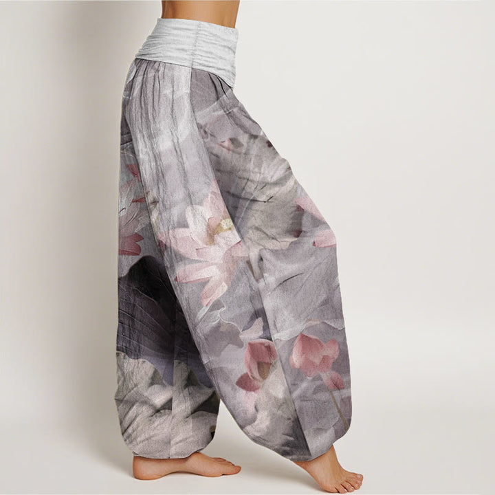 Pantalon Buddha Stones décontracté en pur coton avec motif de pétales de lotus et d'étang pour femme, taille élastique