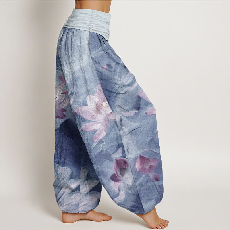 Pantalon Buddha Stones décontracté en pur coton avec motif de pétales de lotus et d'étang pour femme, taille élastique
