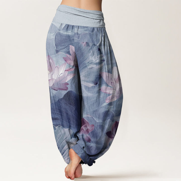 Pantalon Buddha Stones décontracté en pur coton avec motif de pétales de lotus et d'étang pour femme, taille élastique - image 10