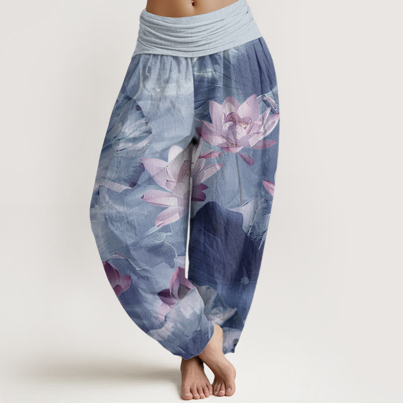 Pantalon Buddha Stones décontracté en pur coton avec motif de pétales de lotus et d'étang pour femme, taille élastique