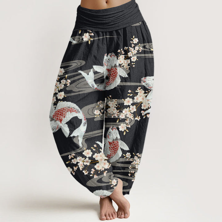 Pantalon Buddha Stones décontracté à taille élastique pour femme, motif fleurs de cerisier et carpes koï - Noir - US22，UK/AU26，EU54 (6XL) - image 0
