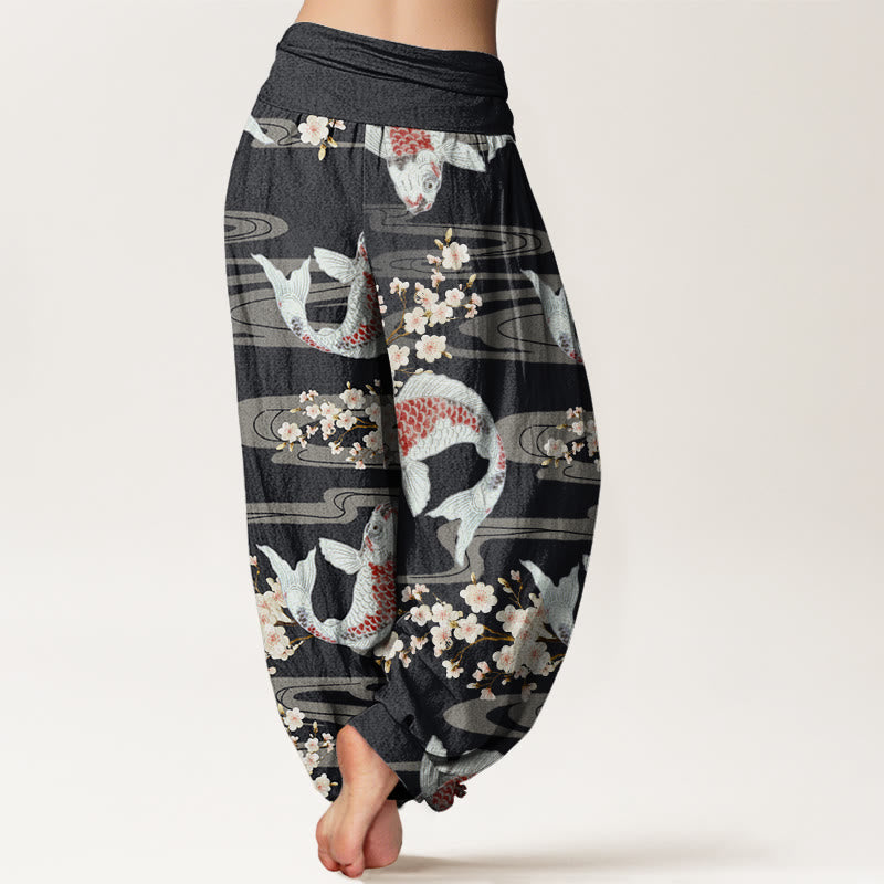 Pantalon Buddha Stones décontracté à taille élastique pour femme, motif fleurs de cerisier et carpes koï - image 2