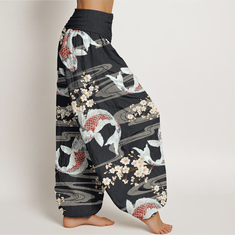 Pantalon Buddha Stones décontracté à taille élastique pour femme, motif fleurs de cerisier et carpes koï - image 2