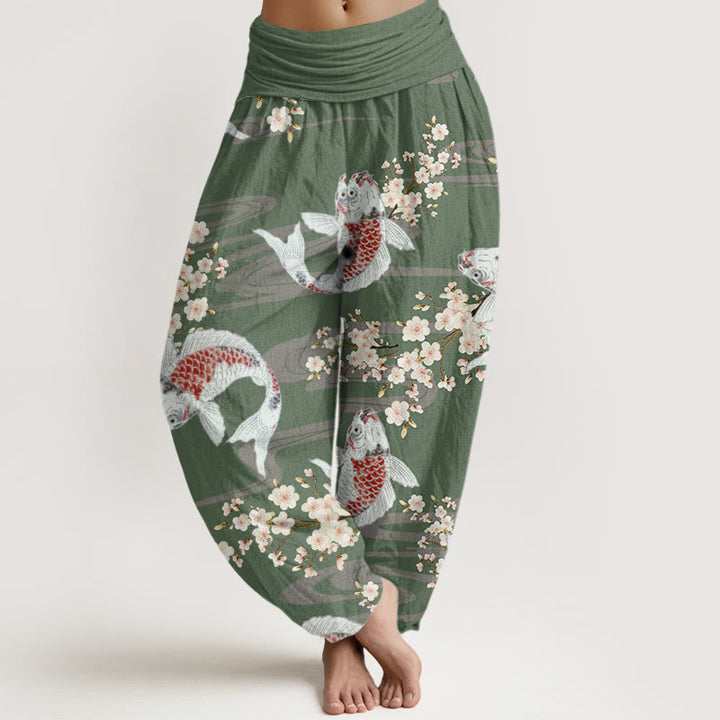 Pantalon Buddha Stones décontracté à taille élastique pour femme, motif fleurs de cerisier et carpes koï - Vert foncé - US22，UK/AU26，EU54 (6XL) - image 4