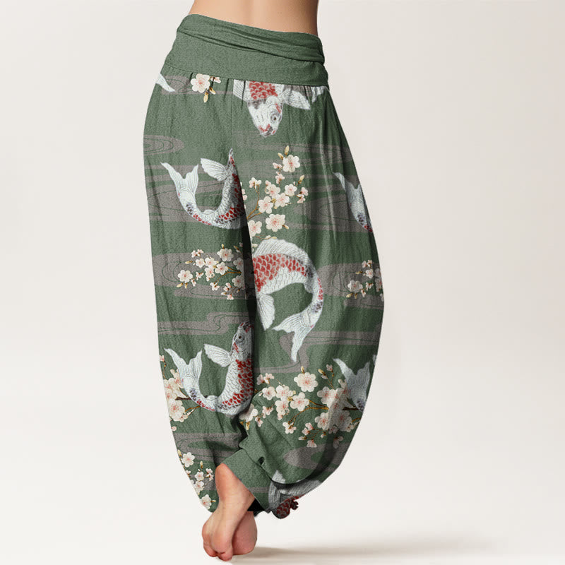 Pantalon Buddha Stones décontracté à taille élastique pour femme, motif fleurs de cerisier et carpes koï - image 7