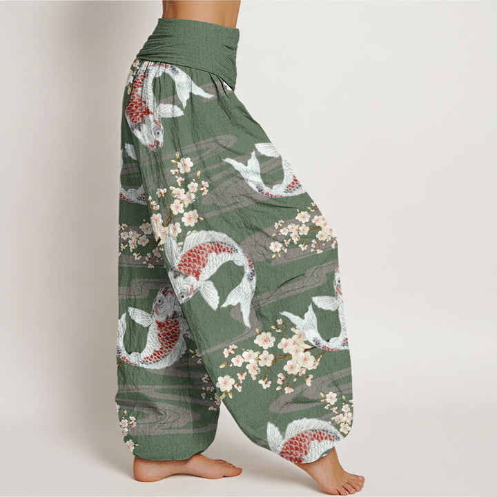 Pantalon Buddha Stones décontracté à taille élastique pour femme, motif fleurs de cerisier et carpes koï - image 5