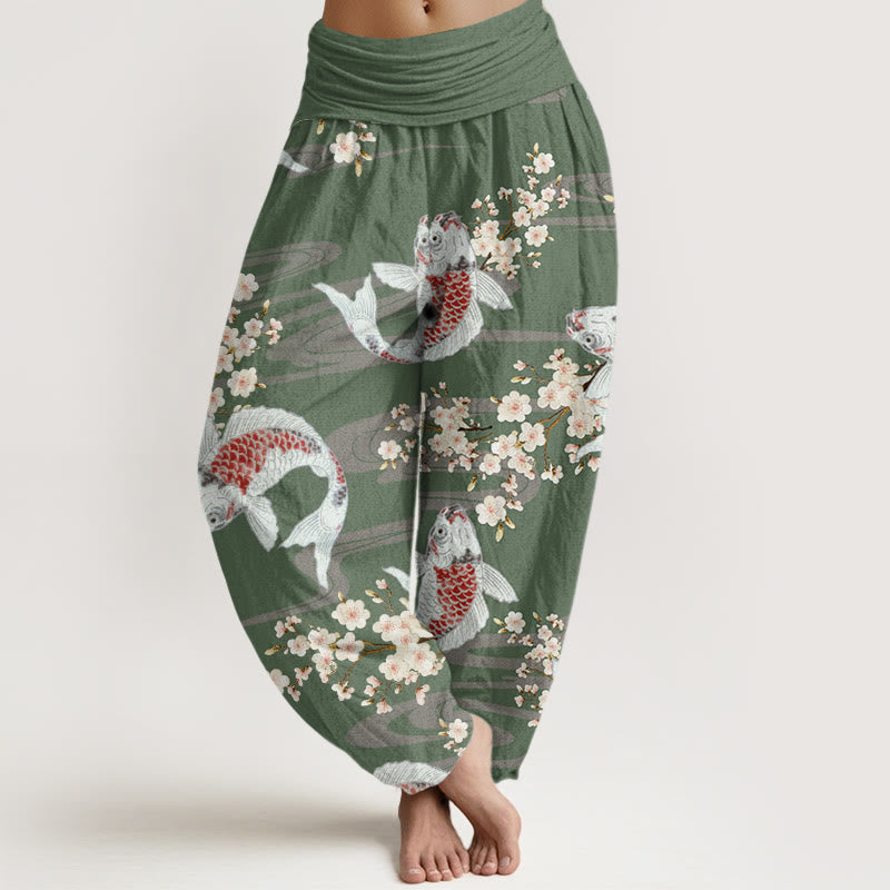 Pantalon Buddha Stones décontracté à taille élastique pour femme, motif fleurs de cerisier et carpes koï - Vert foncé - US22，UK/AU26，EU54 (6XL) - image 5