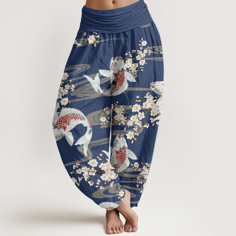 Pantalon Buddha Stones décontracté à taille élastique pour femme, motif fleurs de cerisier et carpes koï - Bleu acier - US22，UK/AU26，EU54 (6XL) - image 8