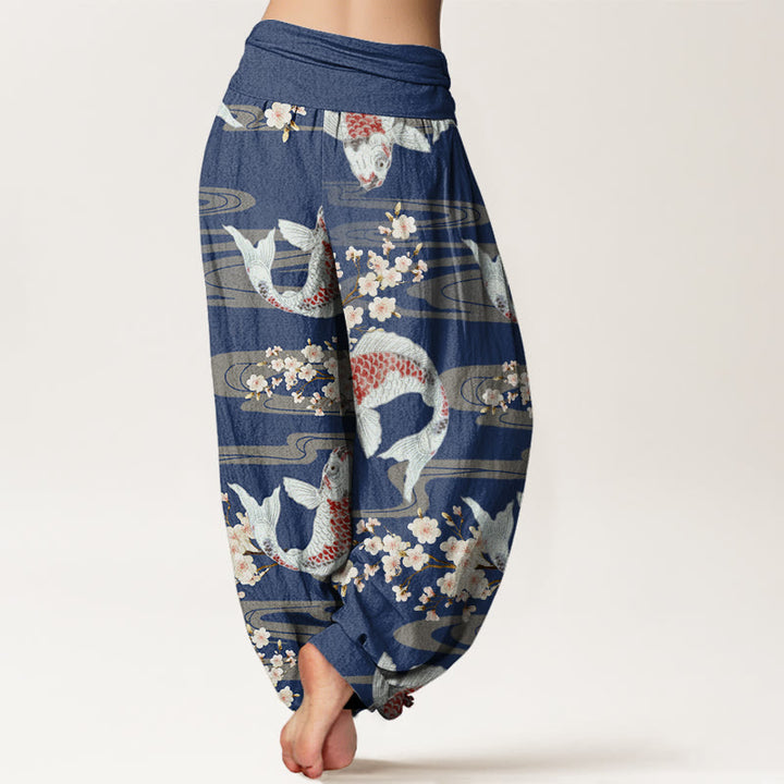 Pantalon Buddha Stones décontracté à taille élastique pour femme, motif fleurs de cerisier et carpes koï - image 10