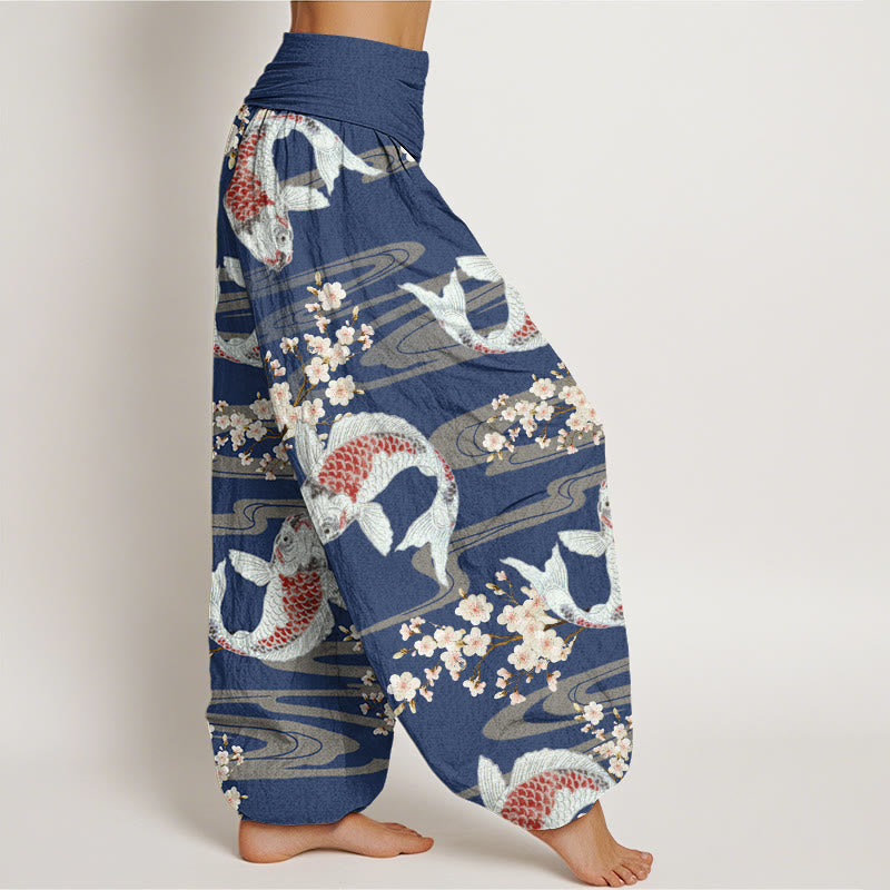 Pantalon Buddha Stones décontracté à taille élastique pour femme, motif fleurs de cerisier et carpes koï - image 9