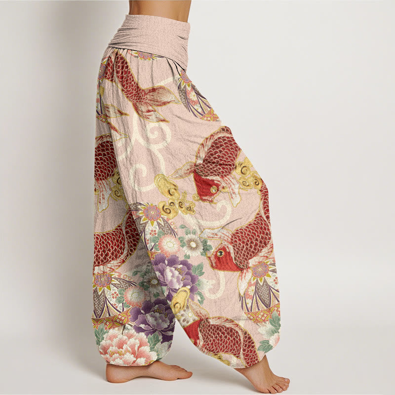 Pantalon harem femme en coton à motif floral koi et Buddha Stones , taille élastique - image 1