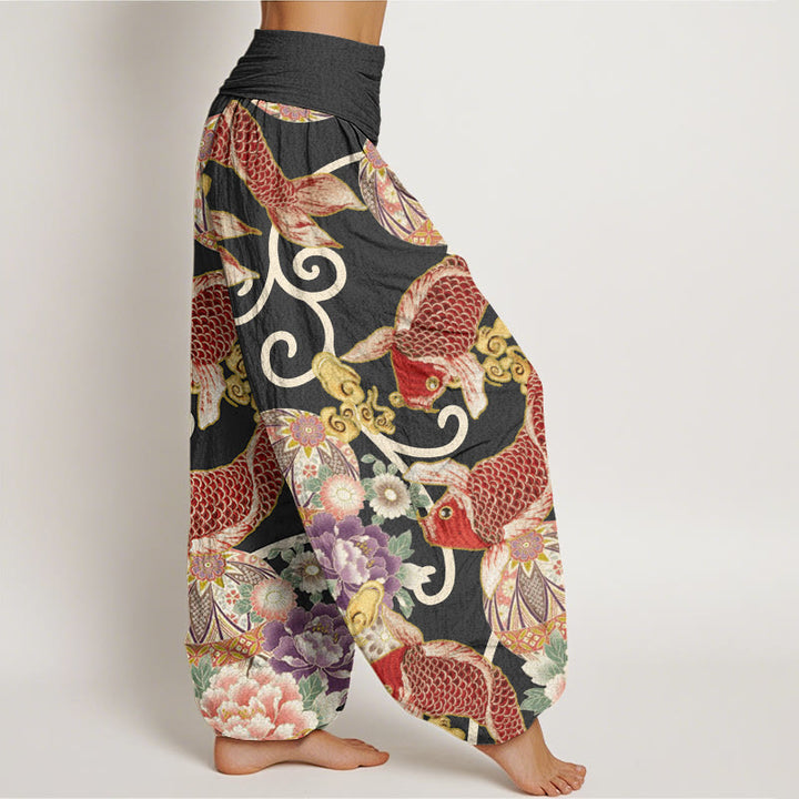 Pantalon harem femme en coton à motif floral koi et Buddha Stones , taille élastique - image 5