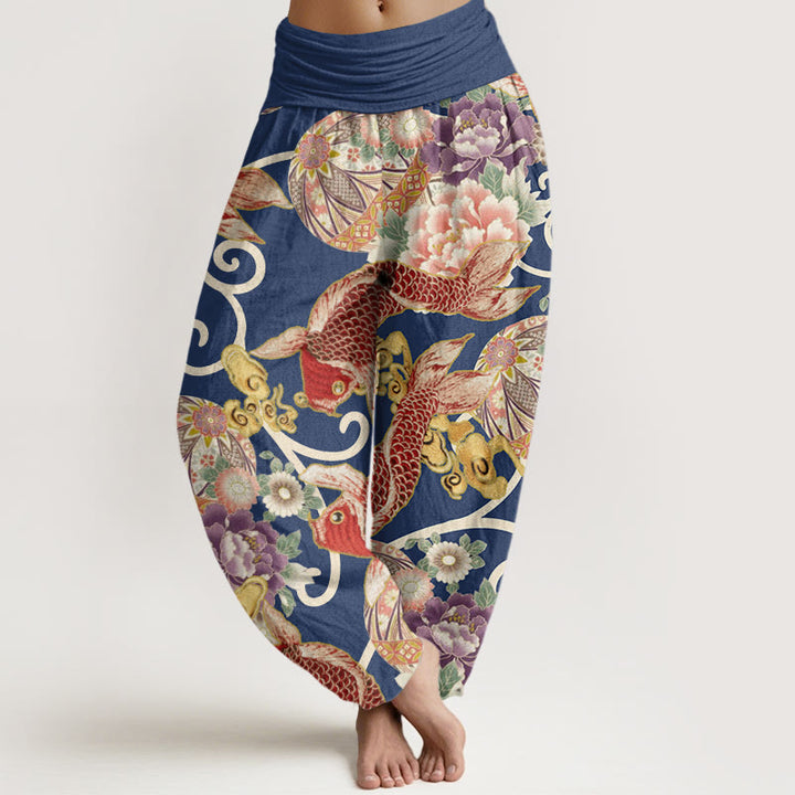 Pantalon harem femme en coton à motif floral koi et Buddha Stones , taille élastique - SteelBlue - US22，UK/AU26，EU54 (6XL) - image 7