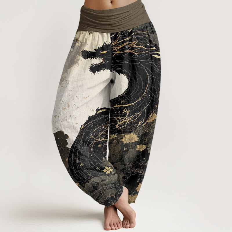Pantalon Buddha Stones décontracté en pur coton avec motif de dragon et d'arbre ancien pour femme, taille élastique - Noir - US22，UK/AU26，EU54 (6XL) - image 0