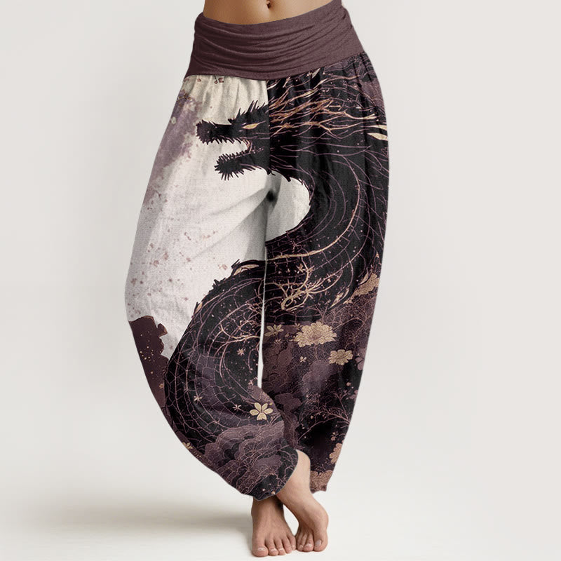 Pantalon Buddha Stones décontracté en pur coton avec motif de dragon et d'arbre ancien pour femme, taille élastique