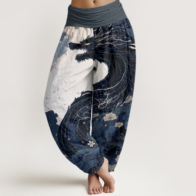 Pantalon Buddha Stones décontracté en pur coton avec motif de dragon et d'arbre ancien pour femme, taille élastique