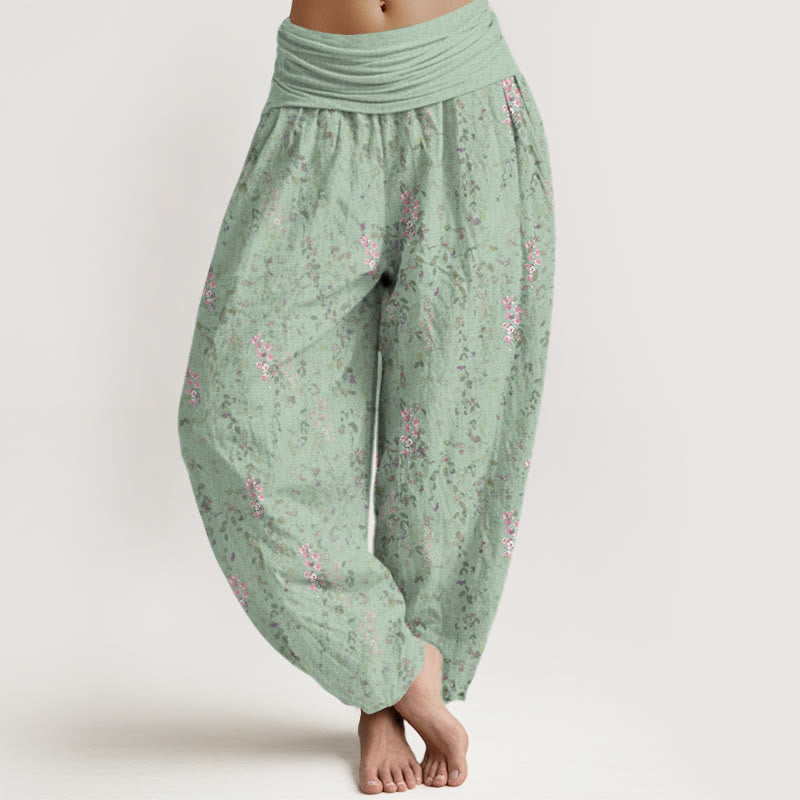 Pantalon sarouel décontracté à taille élastique pour femme, motif petites fleurs et Buddha Stones - Aigue-marine moyenne - US22，UK/AU26，EU54 (6XL) - image 0