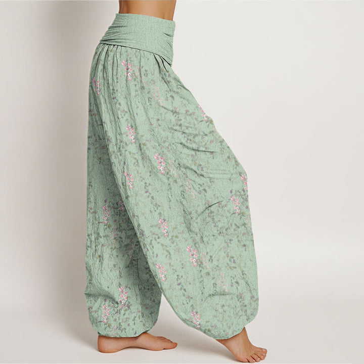 Pantalon harem à taille élastique pour femme, en coton décontracté à motif de petites fleurs et Buddha Stones - image 1