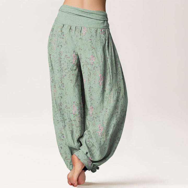 Pantalon harem à taille élastique pour femme, en coton décontracté à motif de petites fleurs et Buddha Stones - image 2